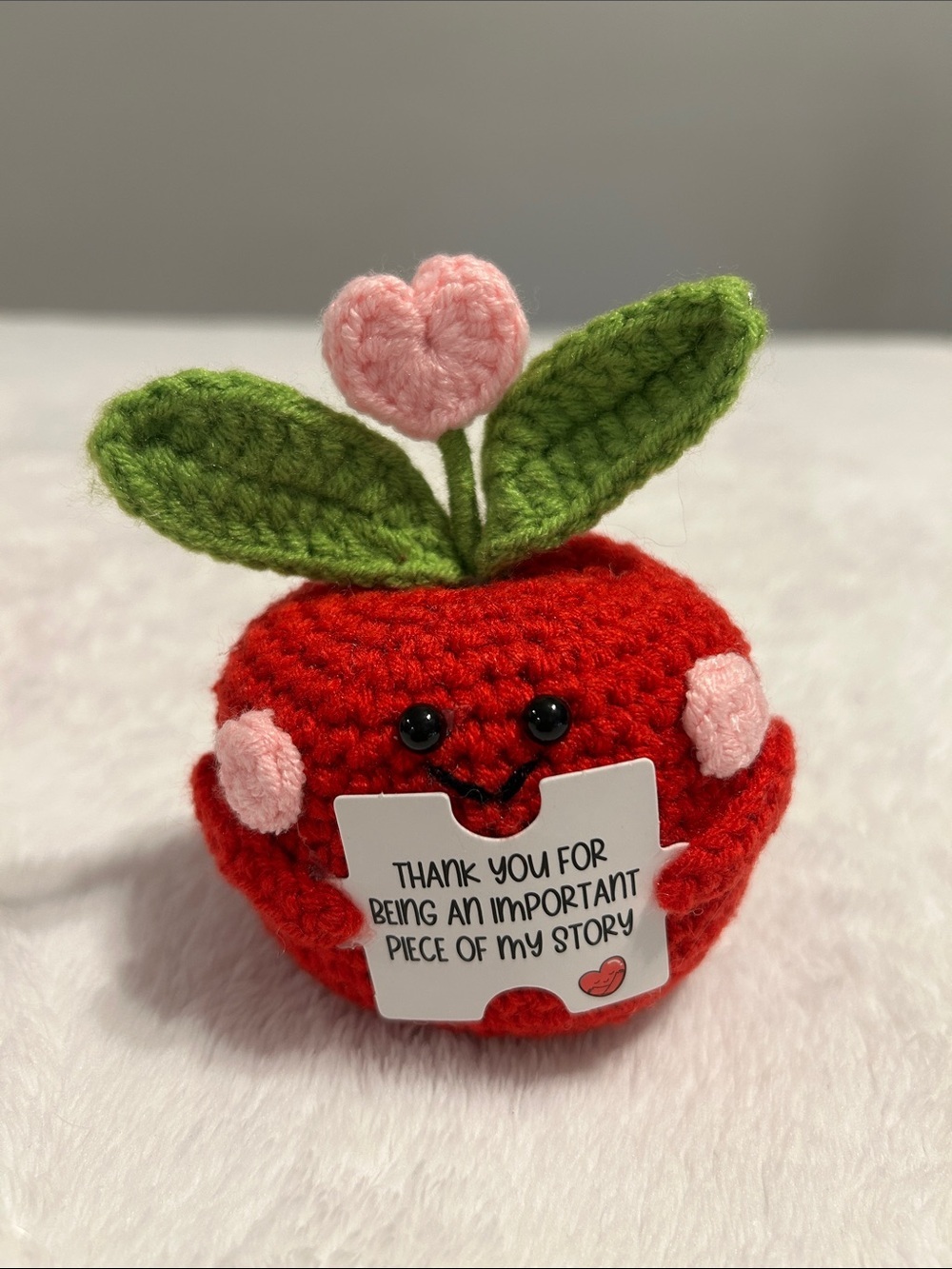 Handmade Red Crochet Apple Plush with Pink Heart Accent. Emotional gift.